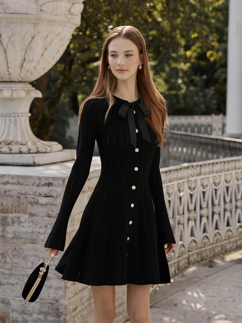 Lichi  Openwork jersey mini dress with a collar satin bow for Women | Best Price UAE
