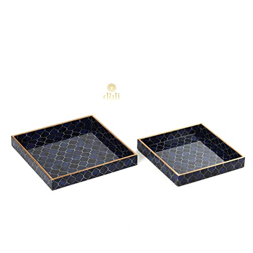 DULI Set of 2 MDF Wood Enamel Coated Multipurpose Trays| Serving Tray for Home & Dining Table | Multipurpose Tray | Water & Heat Resistant Durable| (10 * 10 & 12 * 12 Inches) (Navy Drops), Square - Image 4