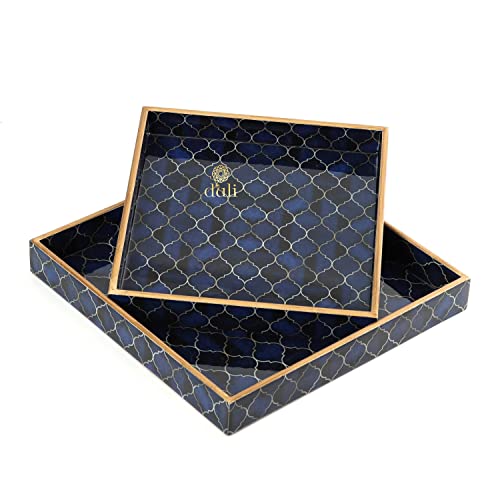 DULI Set of 2 MDF Wood Enamel Coated Multipurpose Trays| Serving Tray for Home & Dining Table | Multipurpose Tray | Water & Heat Resistant Durable| (10 * 10 & 12 * 12 Inches) (Navy Drops), Square - Image 2
