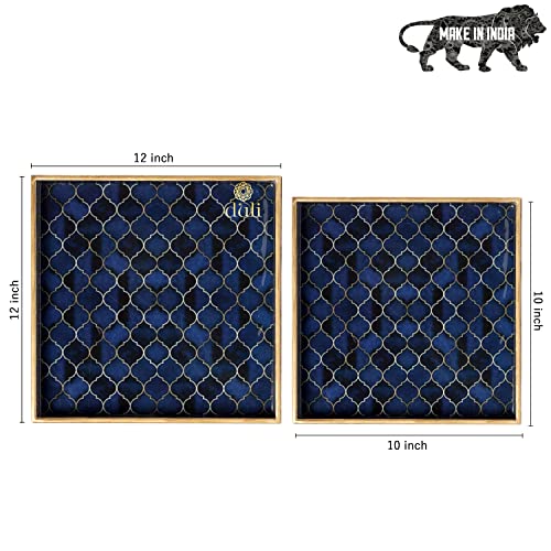 DULI Set of 2 MDF Wood Enamel Coated Multipurpose Trays| Serving Tray for Home & Dining Table | Multipurpose Tray | Water & Heat Resistant Durable| (10 * 10 & 12 * 12 Inches) (Navy Drops), Square - Image 3