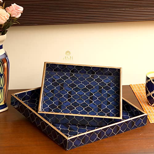 DULI Set of 2 MDF Wood Enamel Coated Multipurpose Trays| Serving Tray for Home & Dining Table | Multipurpose Tray | Water & Heat Resistant Durable| (10 * 10 & 12 * 12 Inches) (Navy Drops), Square - Image 1