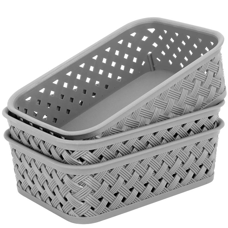 MaxGear Organization and Storage 3 Packs, Plastic Bins Organizer Bins, Woven Baskets for Storage, Plastic Baskets with Handles, Grey Basket for Organizing, Basket Organizer for Home and Office, Small - Image 1