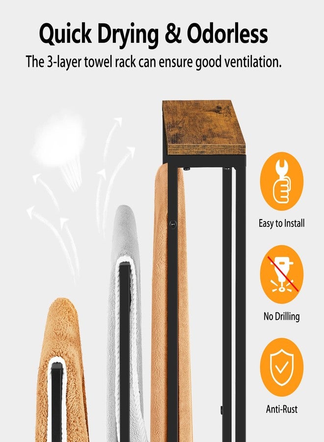 BTY Freestanding Towel Racks for Bathroom 3 Tier Towel Drying Rack Standing Towel Rack with Shelf Hand Towel Holder Stand for Bathroom Floor Dorm Laundry Room (Rustic Brown) - Image 3