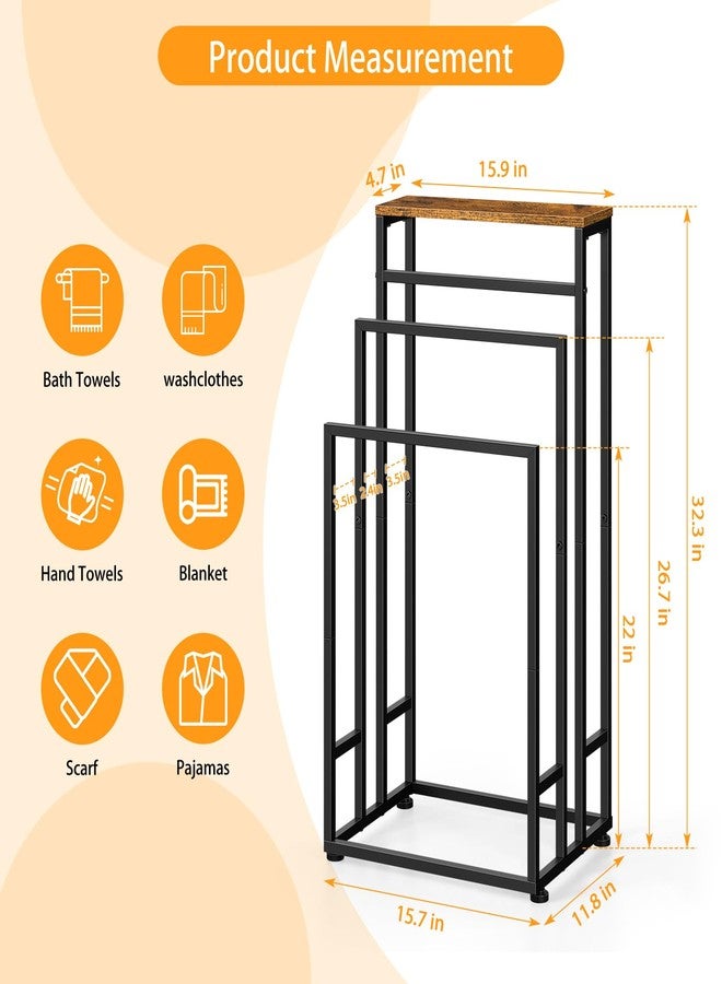 BTY Freestanding Towel Racks for Bathroom 3 Tier Towel Drying Rack Standing Towel Rack with Shelf Hand Towel Holder Stand for Bathroom Floor Dorm Laundry Room (Rustic Brown) - Image 2