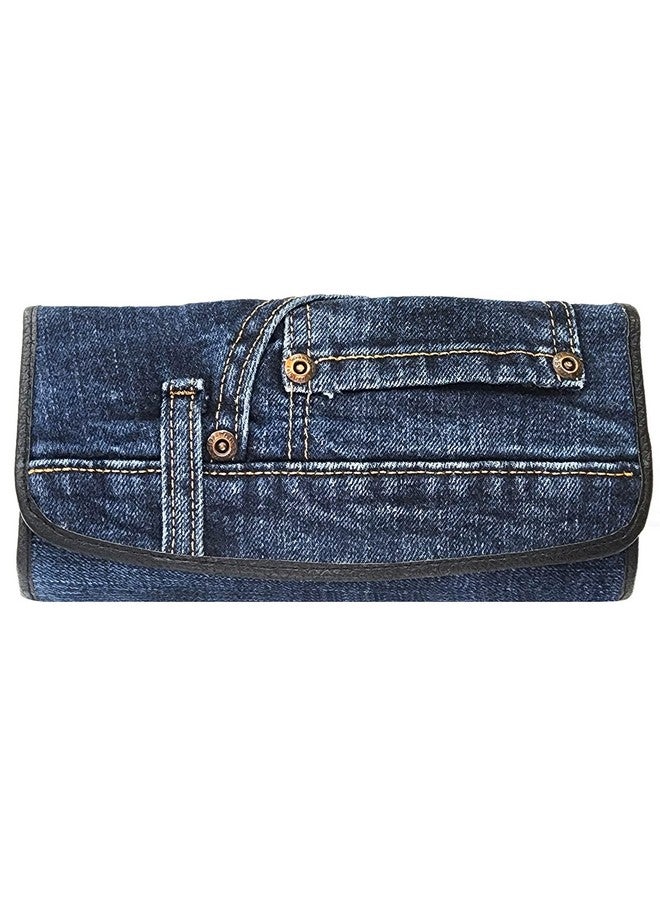 Bijoux De Ja Upcycling Blue Denim Trifold Large Capacity Long Wallet Wristlet Purse Clutch For Women (Dark) - Image 1