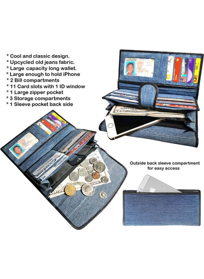 Bijoux De Ja Upcycling Blue Denim Trifold Large Capacity Long Wallet Wristlet Purse Clutch For Women (Dark) - Image 5