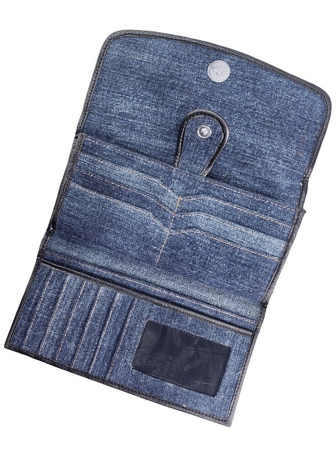 Bijoux De Ja Upcycling Blue Denim Trifold Large Capacity Long Wallet Wristlet Purse Clutch For Women (Dark) - Image 3