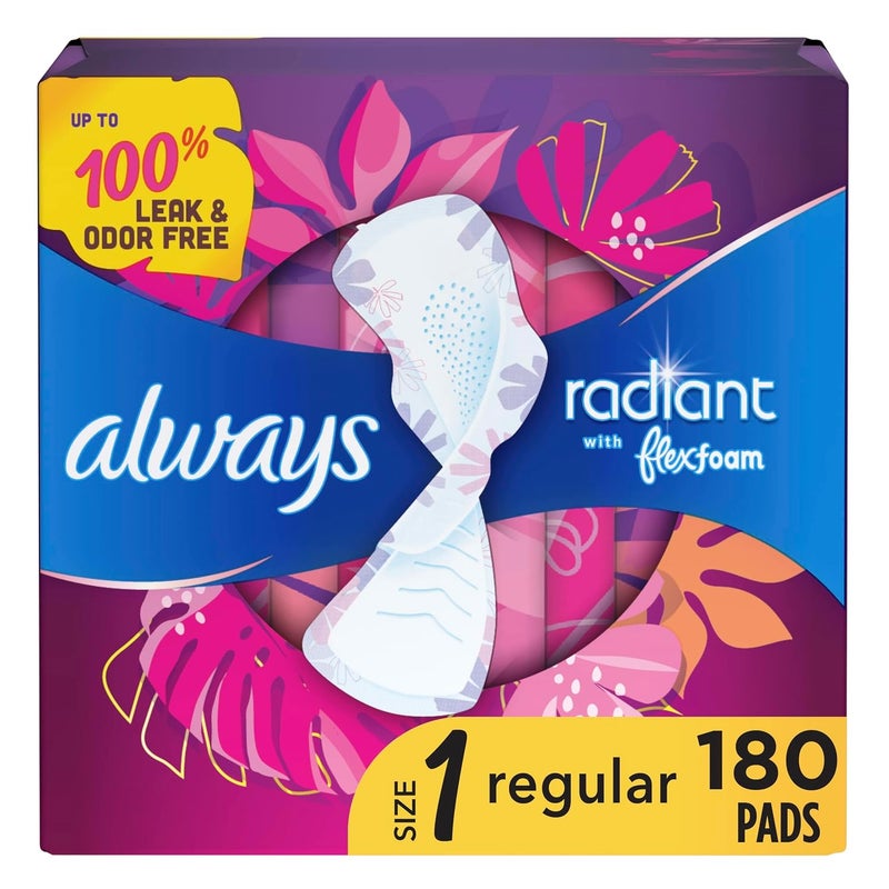 Always Radiant Feminine Pads For Women, Size 1 Regular Absorbency, Multipack, With Flexfoam, With Wings, Light Clean Scent, 30 Count x 6 Packs (180 Count total)