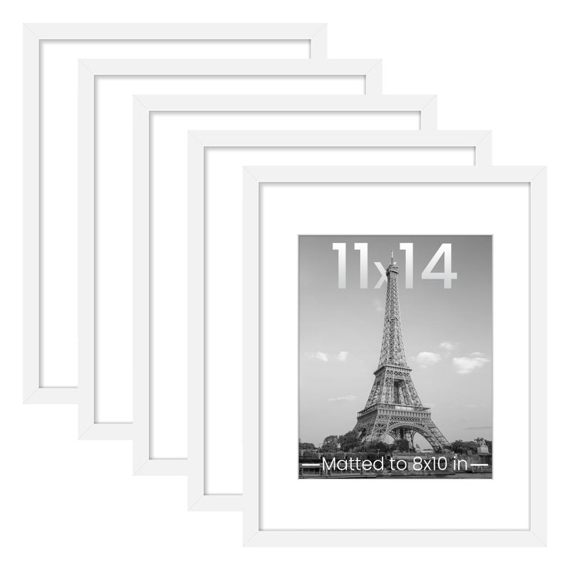 upsimples 11x14 Picture Frame Set of 5, Display Pictures 8x10 with Mat or 11x14 Without Mat, Wall Gallery Photo Frames, White - Image 1
