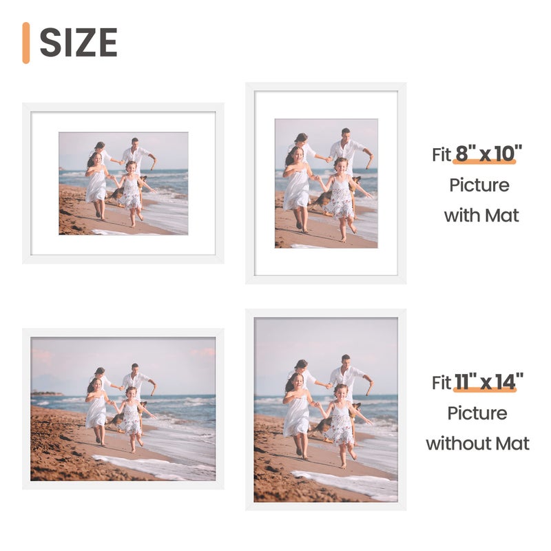 upsimples 11x14 Picture Frame Set of 5, Display Pictures 8x10 with Mat or 11x14 Without Mat, Wall Gallery Photo Frames, White - Image 5