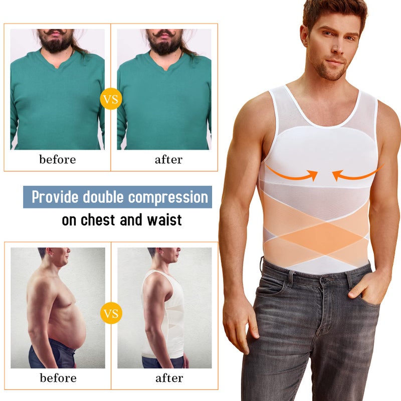 TAILONG Men's Compression Shirt for Body Shaper Slimming Vest Tight Tummy Underwear Tank Top (White, X-Large) - Image 4