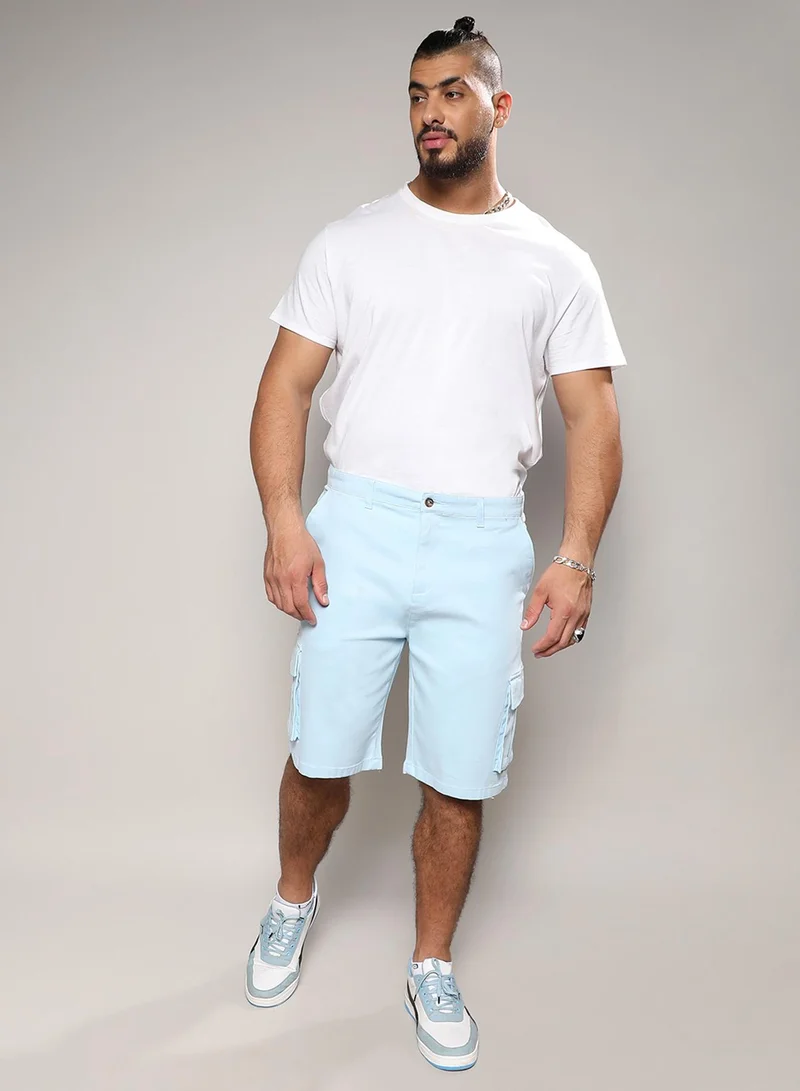 Instafab Plus Instafab Plus Men's Light Blue Cargo Shorts For Casual Wear | 6 Pockets | Plus Size Fit | Button Closure | Cotton Poly Cargo Shorts Crafted With Comfort Fit For Everyday Wear