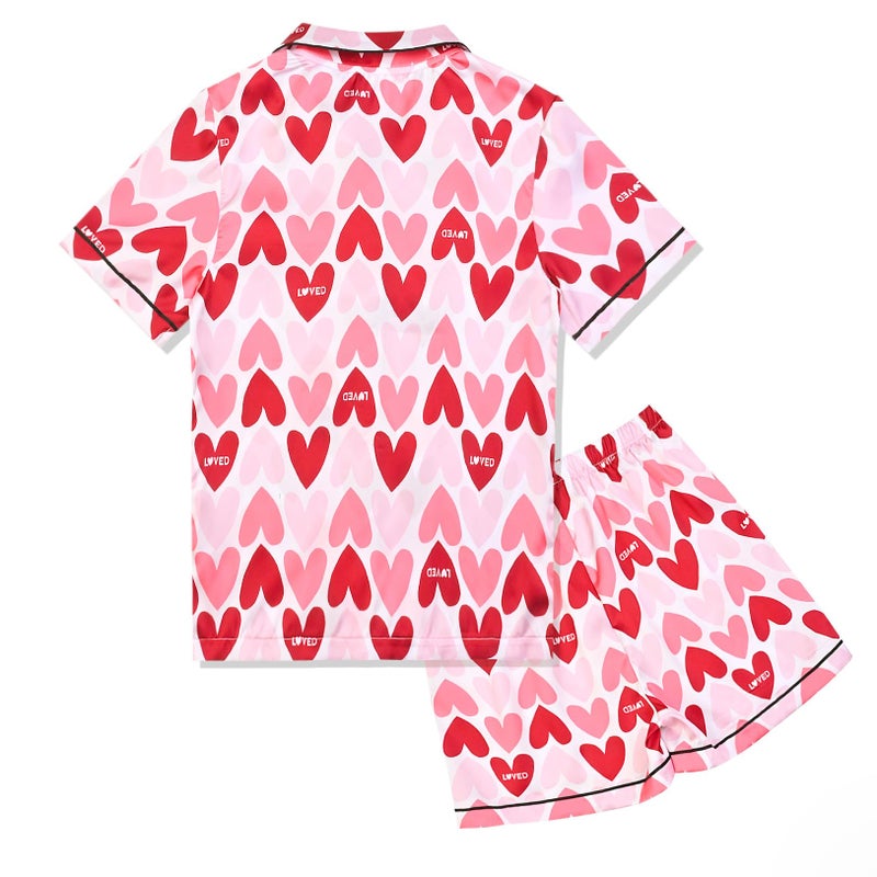 QPANCY Big Girls Boys Button Up Pajamas Set Summer Pjs Kids Valentine Day Love Heart Short Sleeve Sleepwear Size 12 13 - Image 3