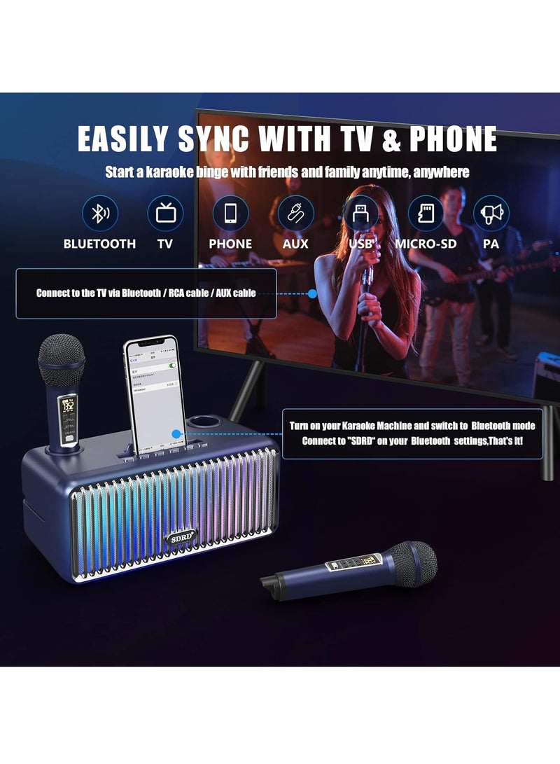 SDRD Karaoke Machine for Adults and Kids, Portable Bluetooth Speaker with 2 Microphones, UHF Wireless Karaoke PA Speaker System with Gradual Colorful LED Lights for Home Party, Blue - Image 2