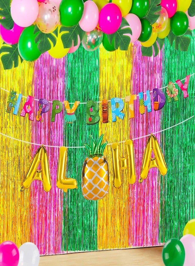 RANERVZ 54Pcs Luau Party Decorations Hawaiian Birthday Party Decorations Aloha Backdrop Gold Pink Green Foil Fringe Curtains Balloons for Summer Hawaiian Tropical Party Decorations - Image 1