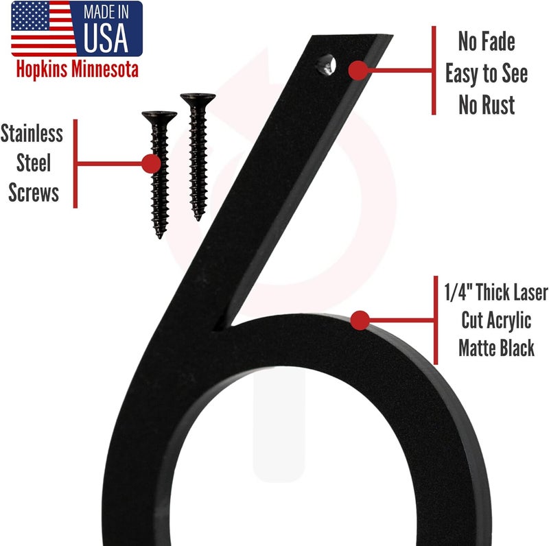 Discovered Designs 5" (6) Modern Address House Numbers for Outside - Easy to Install 3D Matte Black Acrylic Individual Numbers for Address on House, Weatherproof No Rust, Made in USA, Includes 2 - 3/4" Screws, Door Mailbox Number Home Address Number - Image 5