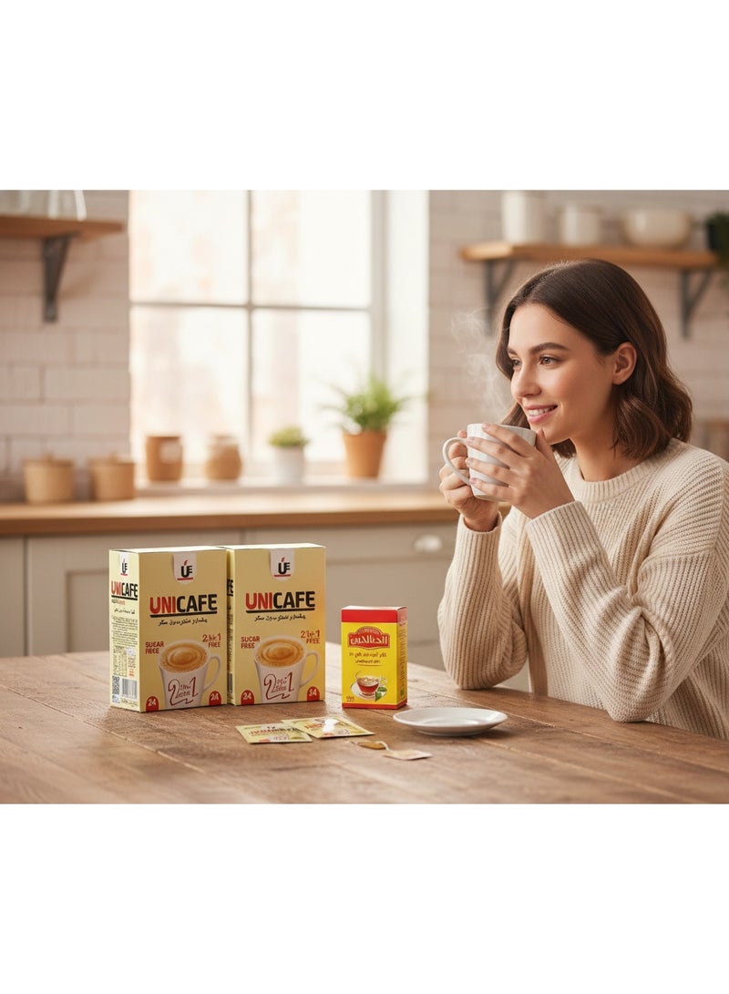 يوني كافيه مزيج قهوة يوني كافية 2 في 1 الفورية بدون سكر - 24 ظرف × 12 جم - عرض توفير 3 عبوات + علبة هدية شاي الصالحين 100 جرام - Image 2