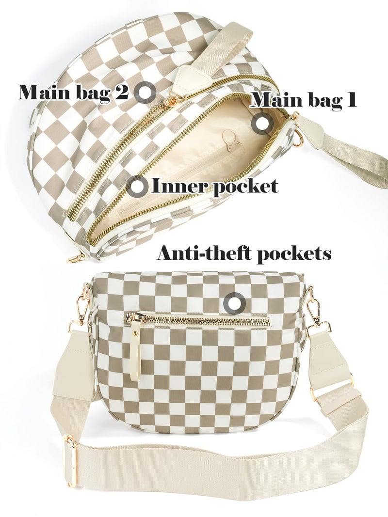 MEISEY Black and White Checkered Crossbody Bag Bum Bag for Women,Spacious Checkered Purse Fanny Packs Belt Bag (Khaki Beige Checkered) - Image 4