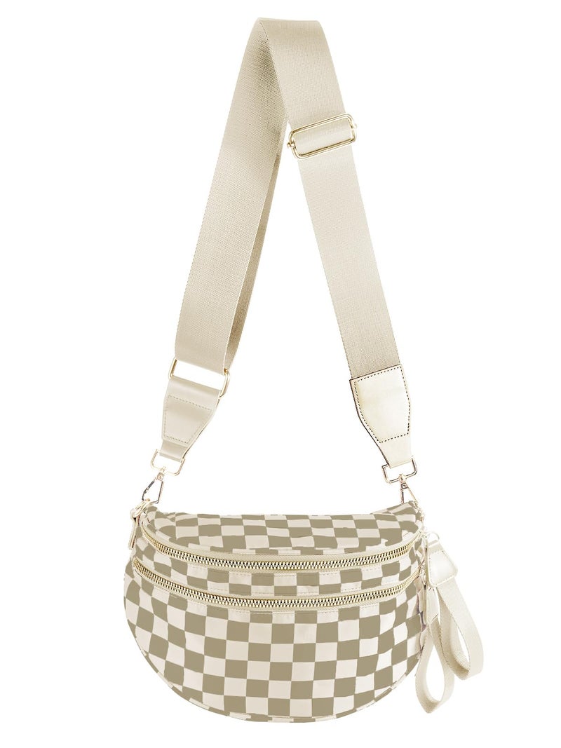 MEISEY Black and White Checkered Crossbody Bag Bum Bag for Women,Spacious Checkered Purse Fanny Packs Belt Bag (Khaki Beige Checkered) - Image 1