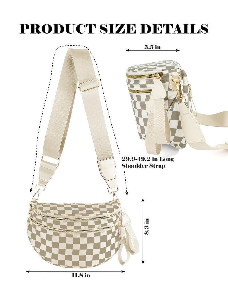 MEISEY Black and White Checkered Crossbody Bag Bum Bag for Women,Spacious Checkered Purse Fanny Packs Belt Bag (Khaki Beige Checkered) - Image 3