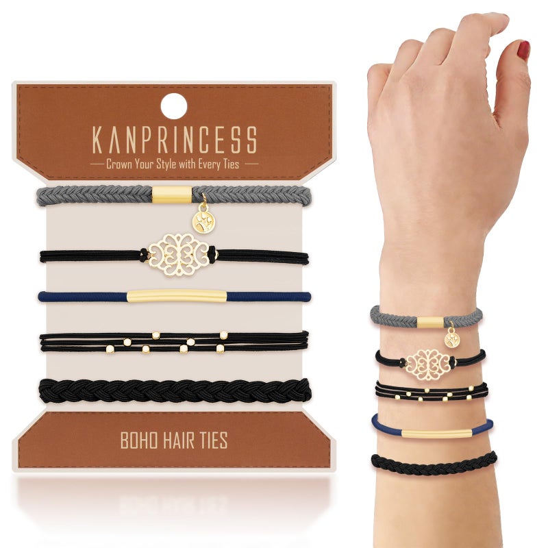 KANPRINCESS Hair Tie Bracelet, 5 Pcs Boho Hair Ties For Girls and Women, Elastic Hair Ties, Hair Bands For Ponytails, Ponytail Holder For Daily Life, Sport, Cooking, Working (Set 15) - Image 1