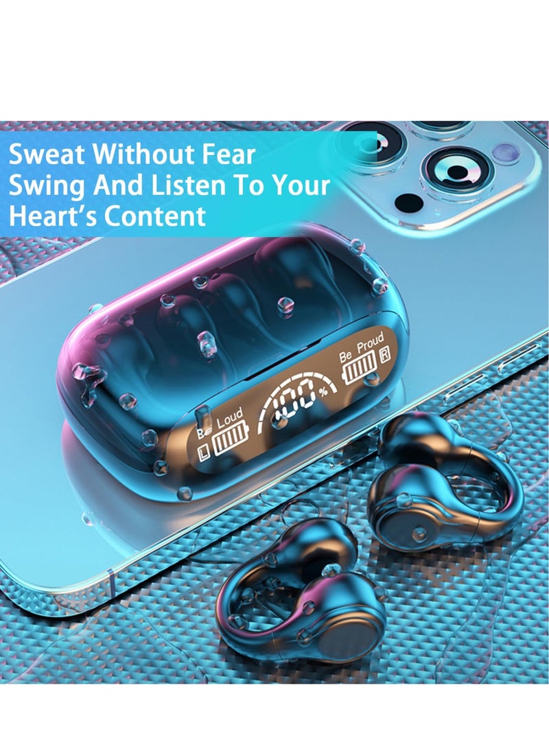 سماعات أذن لاسلكية بمشبك للأذن، سماعات أذن مفتوحة مقاومة للماء بتقنية البلوتوث 5.3، سماعات أذن رياضية مفتوحة مع علبة شحن بشاشة رقمية، للجري والمشي والتمرين (أسود) - Image 2