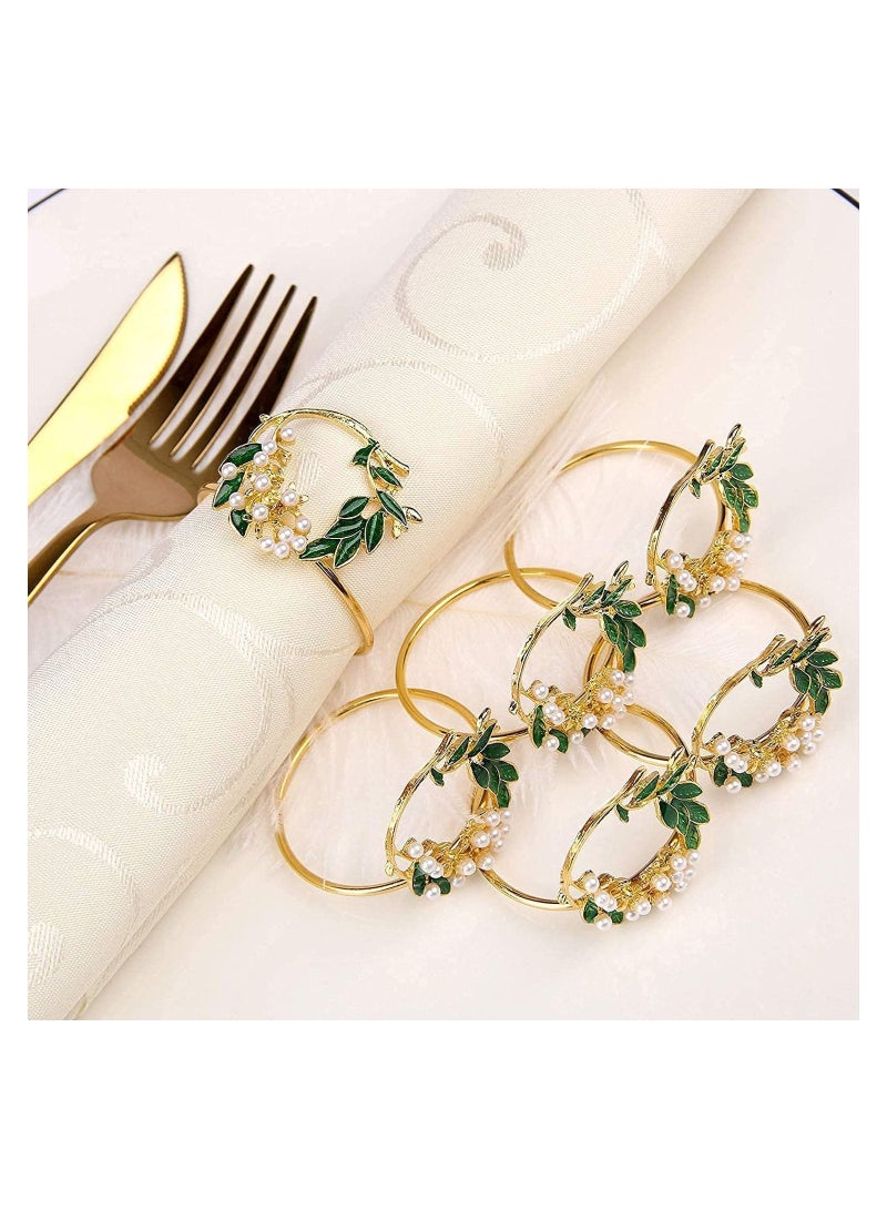 Y&D 6 PCS Pearl Flower Napkin Rings Wedding, Golden Serviette Buckle Holder for Family Gathering, Dinner Party Table Decoration (Golden)  - Image 1