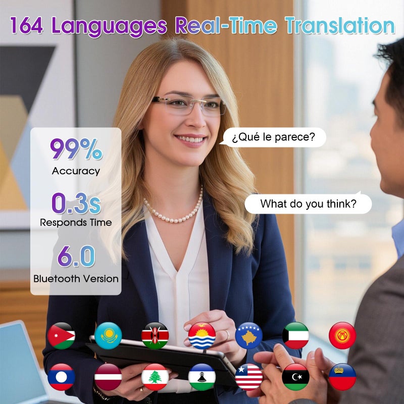 PADOM نظارات ترجمة ذكية، نظارات بلوتوث مع مترجم فوري لـ 164 لغة، نظارات بلوتوث بحواف ربيعية فوتوكرومية مع مكبرات صوت، نظارات ذكية بدون إطار للسفر/العمل/الدراسة (فضي) - Image 4