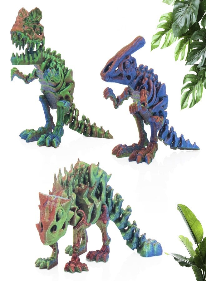 DEFORAGE 3pcs 3D Printed Dinosaur Skeleton 3D Animals, 3D Printed Ankylosaurus Dilophosaurus Parasaurolophus Rex Flexible Fidget, Holiday Party Birthday Home Desk - Image 1