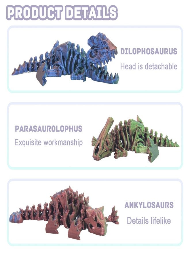 DEFORAGE 3pcs 3D Printed Dinosaur Skeleton 3D Animals, 3D Printed Ankylosaurus Dilophosaurus Parasaurolophus Rex Flexible Fidget, Holiday Party Birthday Home Desk - Image 3