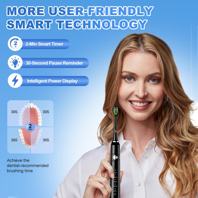 JTF Sonic Electric Toothbrush for Adults - Teeth Whitening Toothbrush with 6 Brush Heads and a Travel Case, Fast Charging for 60 Days Use Waterproof Toothbrushes, Black - Image 4