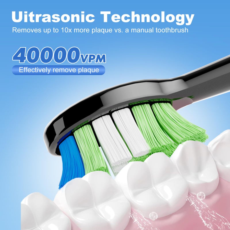 JTF Sonic Electric Toothbrush for Adults - Teeth Whitening Toothbrush with 6 Brush Heads and a Travel Case, Fast Charging for 60 Days Use Waterproof Toothbrushes, Black - Image 3