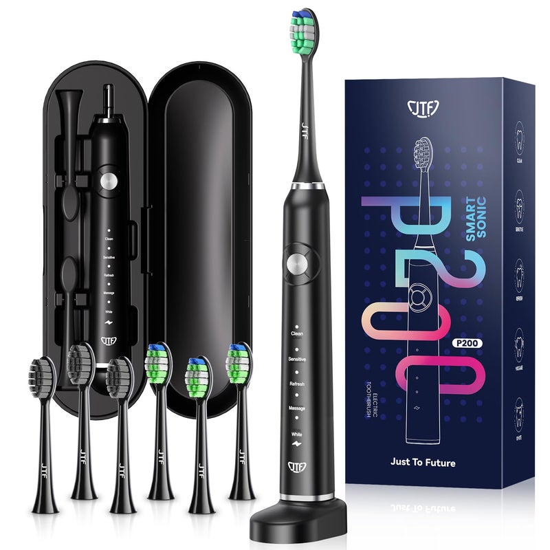 JTF Sonic Electric Toothbrush for Adults - Teeth Whitening Toothbrush with 6 Brush Heads and a Travel Case, Fast Charging for 60 Days Use Waterproof Toothbrushes, Black - Image 1