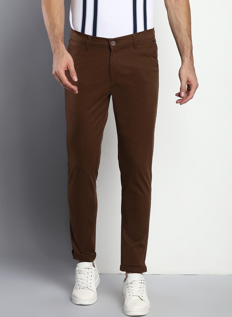 Dennis Lingo Men's Tapered Fit Brown Cotton Chinos - Mid-Rise, Full Length, Button & Zip Closure  - Image 5