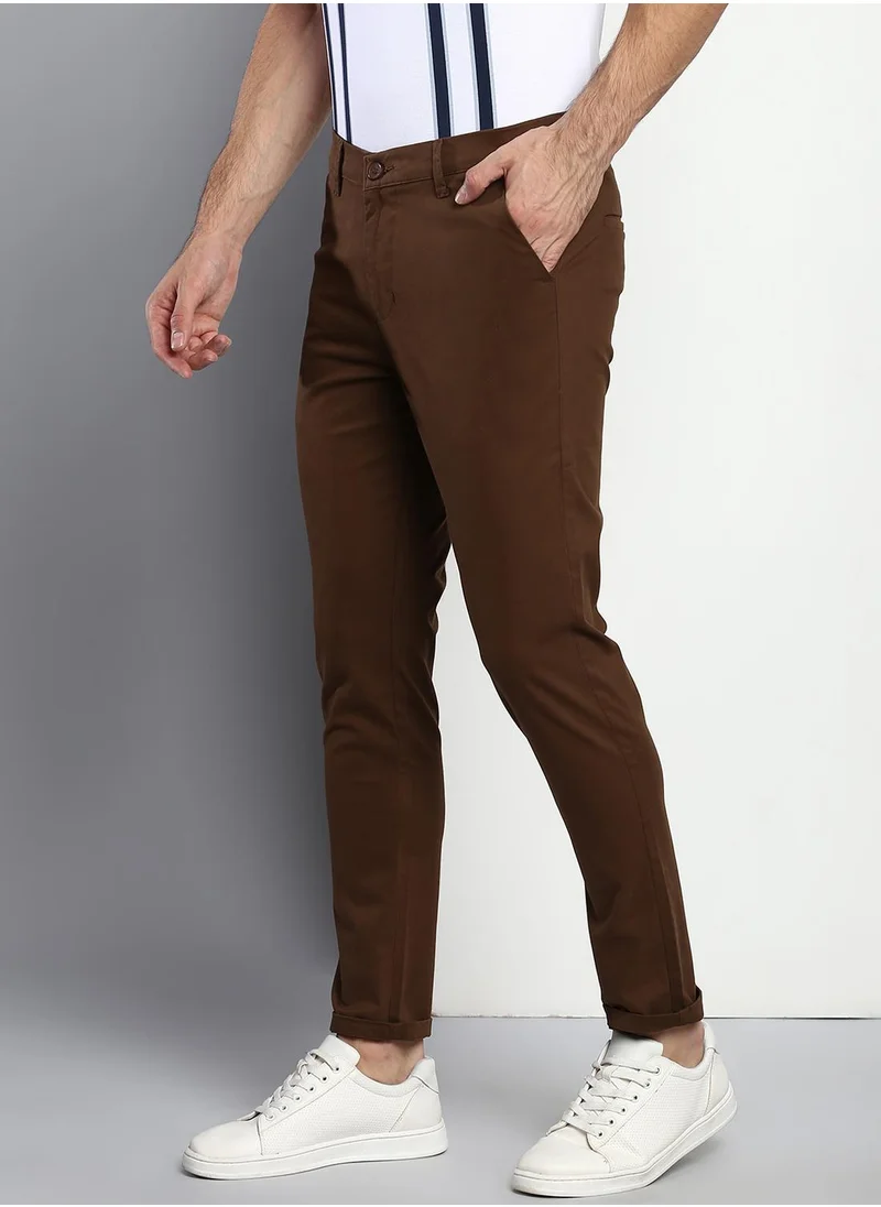 دينيس لينغو Men's Tapered Fit Brown Cotton Chinos - Mid-Rise, Full Length, Button & Zip Closure