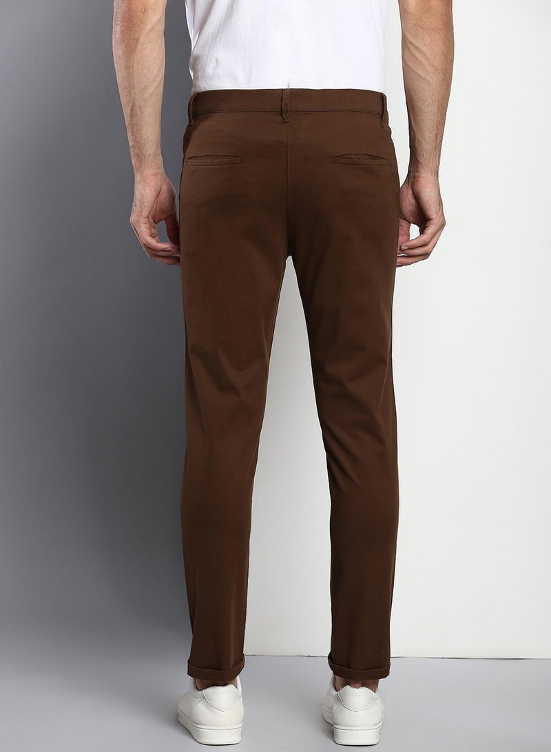 Dennis Lingo Men's Tapered Fit Brown Cotton Chinos - Mid-Rise, Full Length, Button & Zip Closure  - Image 3