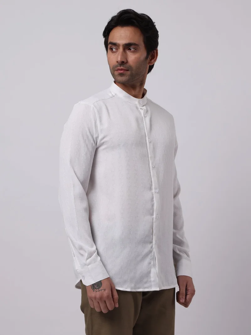 Maniac  Maniac Mens Solid Chinese Collar Full Sleeve Soft Twill Fabric White Shirt for Men | Best Price UAE