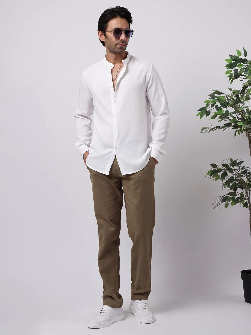 Maniac  Maniac Mens Solid Chinese Collar Full Sleeve Soft Twill Fabric White Shirt for Men | Best Price UAE