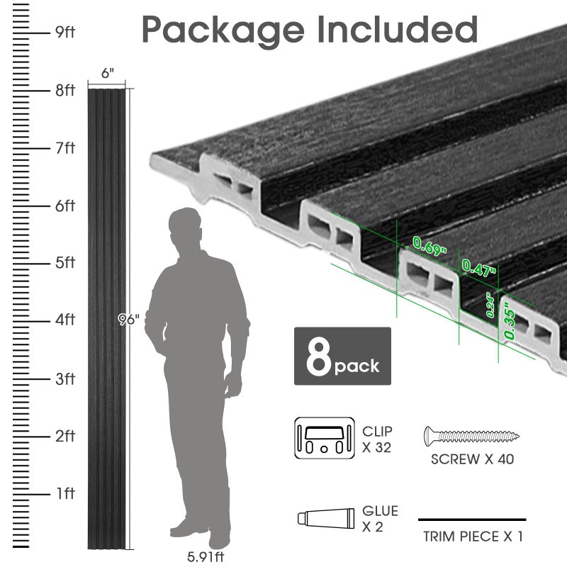 LARWORKS WPC Slat Wall Panels 8 Pack 96" x 6", Waterproof Fluted Wall Paneling, Accent 3D Wall Panel for Wall Decor, Bathroom, Bedroom, Office - Low Grille Black (Cover Approx.32 sq.ft) - Image 5