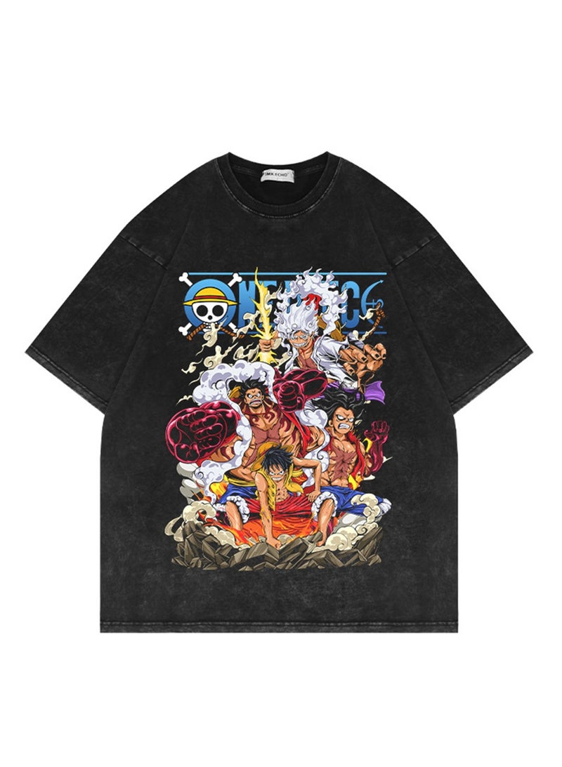 Washed distressed short-sleeved T-shirt retro anime One Piece short-sleeved fashion T-shirt - Image 1