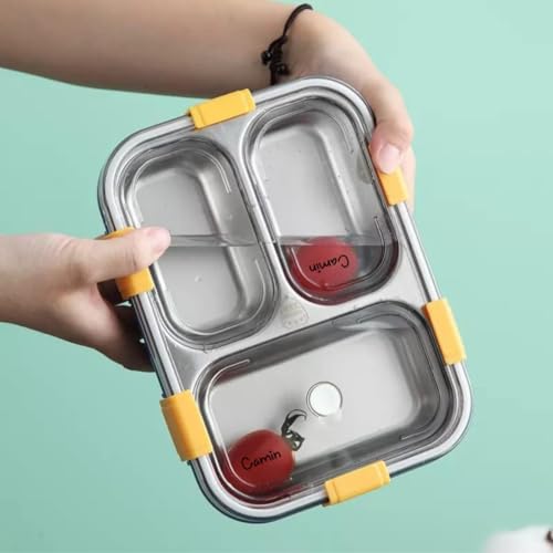 Camin Lunch Box Sealed Stainless Steel Lunch Box with Fork,Chopstick & Spoon Lid Office Food Container 3 Compartment for School Kids and Adults (Lunch Box Stainless Steel 3 Compartment), 0.75 Litre - Image 3