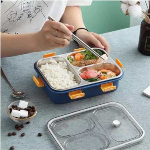Camin Lunch Box Sealed Stainless Steel Lunch Box with Fork,Chopstick & Spoon Lid Office Food Container 3 Compartment for School Kids and Adults (Lunch Box Stainless Steel 3 Compartment), 0.75 Litre - Image 4