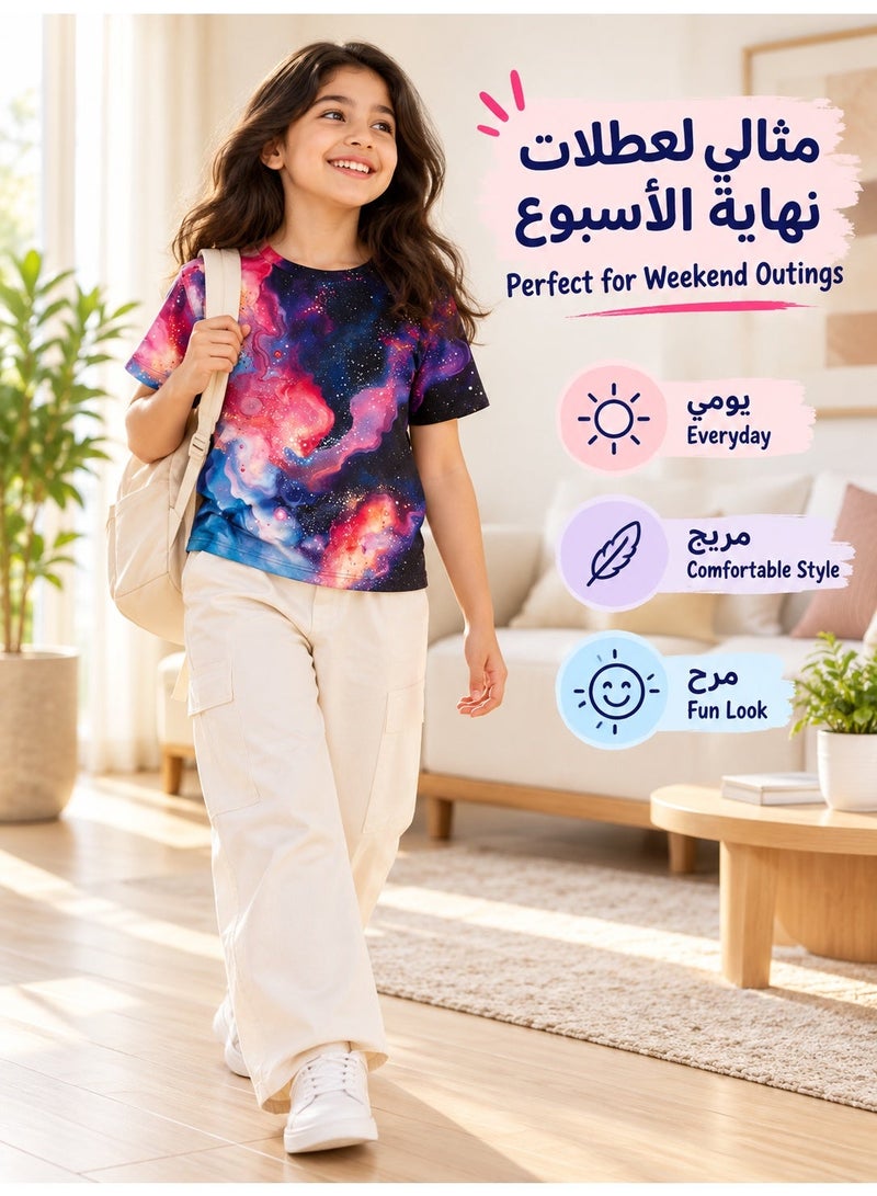 تيشيرت بناتي متعدد الألوان بطبعة المجرة، بأكمام قصيرة وياقة دائرية - Image 5