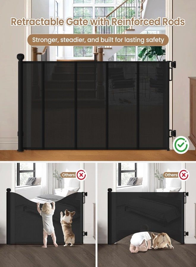 BBsecure Retractable Baby Gate, 55" Wide Mesh Baby Gate with 4 Reinforced Rods, 34" Tall Anti-Sagging Dog Gate, Prevents Kids & Dogs from Crawling Under, for Stairways, Hallways & Patios, Black - Image 4