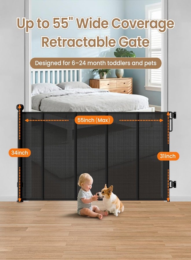 BBsecure Retractable Baby Gate, 55" Wide Mesh Baby Gate with 4 Reinforced Rods, 34" Tall Anti-Sagging Dog Gate, Prevents Kids & Dogs from Crawling Under, for Stairways, Hallways & Patios, Black - Image 3