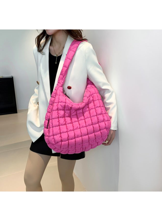 Popular Pleated Cloud Bag Fashion Shoulder Portable Dumpling Bag Large Capacity Down Cotton Underarm Women's Bag-Color:Rose Red  - Image 3
