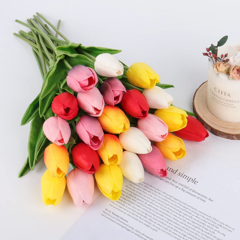 Beferr 18Pcs Tulips Artificial Flowers Faux Tulip Real Touch Tulip Fake Flowers Bouquets Arrangements for Mothers Day Spring Easter Wedding Home Table Decor - Image 4