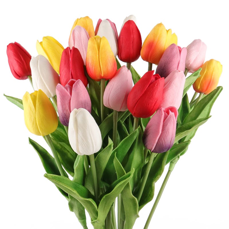 Beferr 18Pcs Tulips Artificial Flowers Faux Tulip Real Touch Tulip Fake Flowers Bouquets Arrangements for Mothers Day Spring Easter Wedding Home Table Decor - Image 1