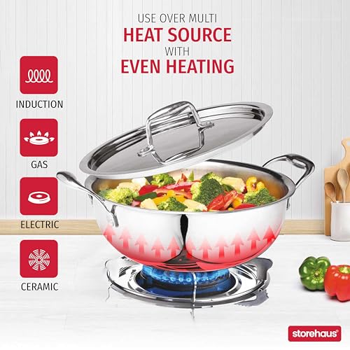 Storehaus Triply Stainless Steel 24 cm Deep Kadai with Lid, 3 L Capacity, Ideal for Curry/Stir Fry/Deep Fry, Broad Hold Handles, Smooth Surface, Induction & Gas Safe with 2 Years Warranty. - Image 3