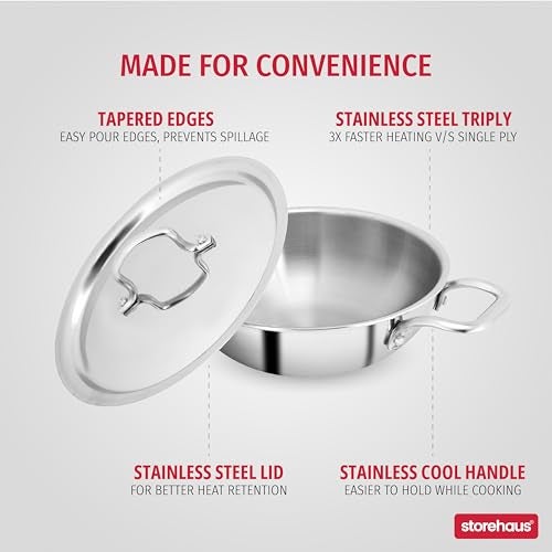 Storehaus Triply Stainless Steel 24 cm Deep Kadai with Lid, 3 L Capacity, Ideal for Curry/Stir Fry/Deep Fry, Broad Hold Handles, Smooth Surface, Induction & Gas Safe with 2 Years Warranty. - Image 4